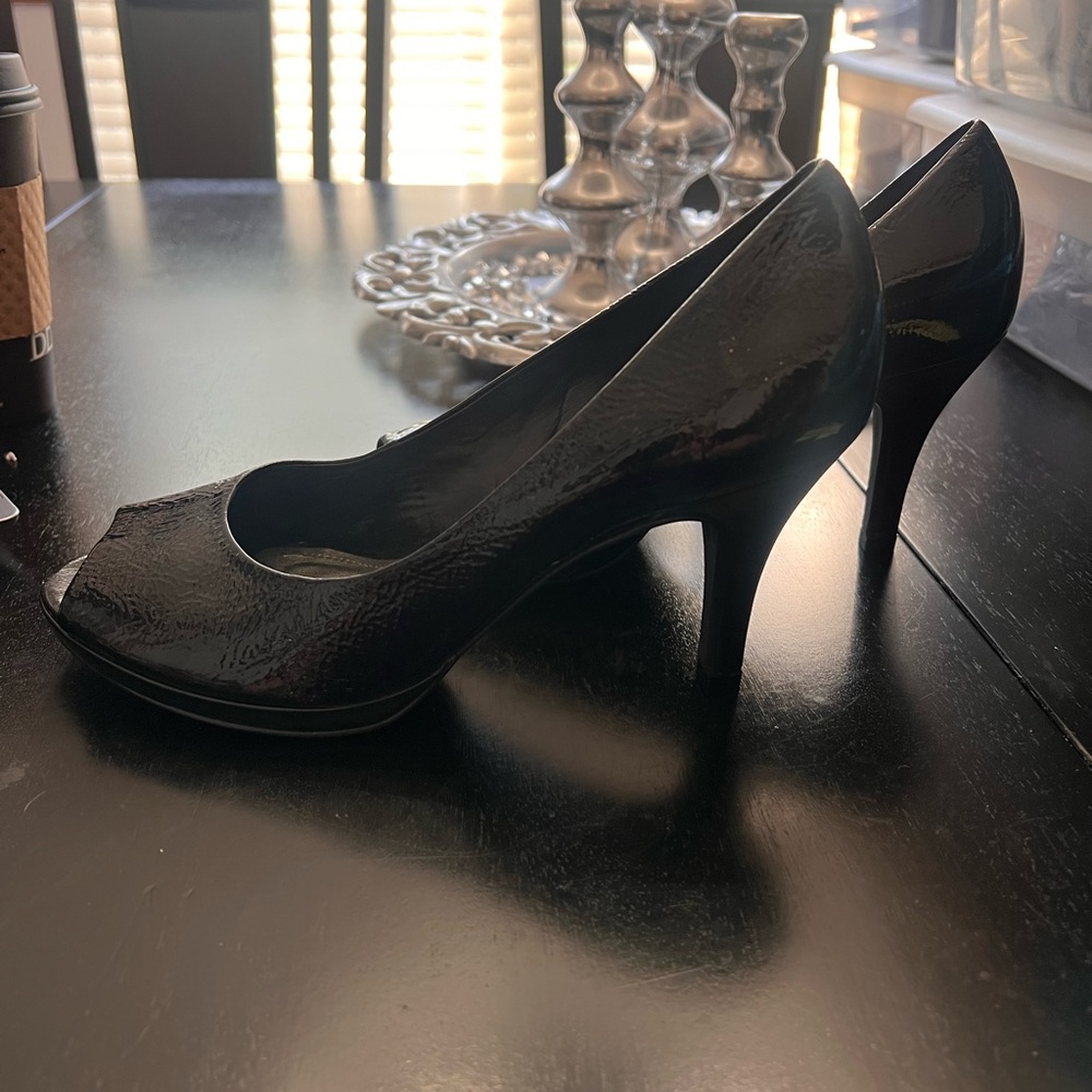 Alex Marie Glossy Black Peep-Toe Heels - Picture 4 of 6